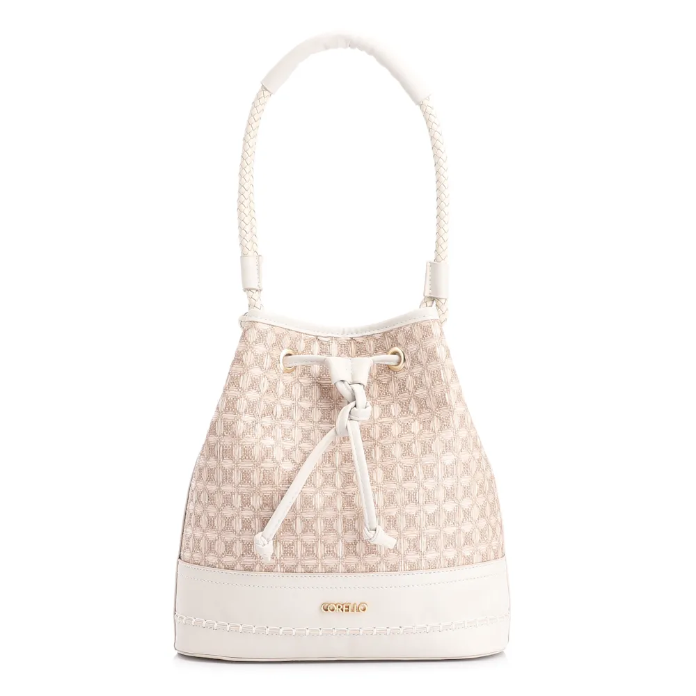 Bolsa De Ombro Bucket Ráfia Mosaico Bege