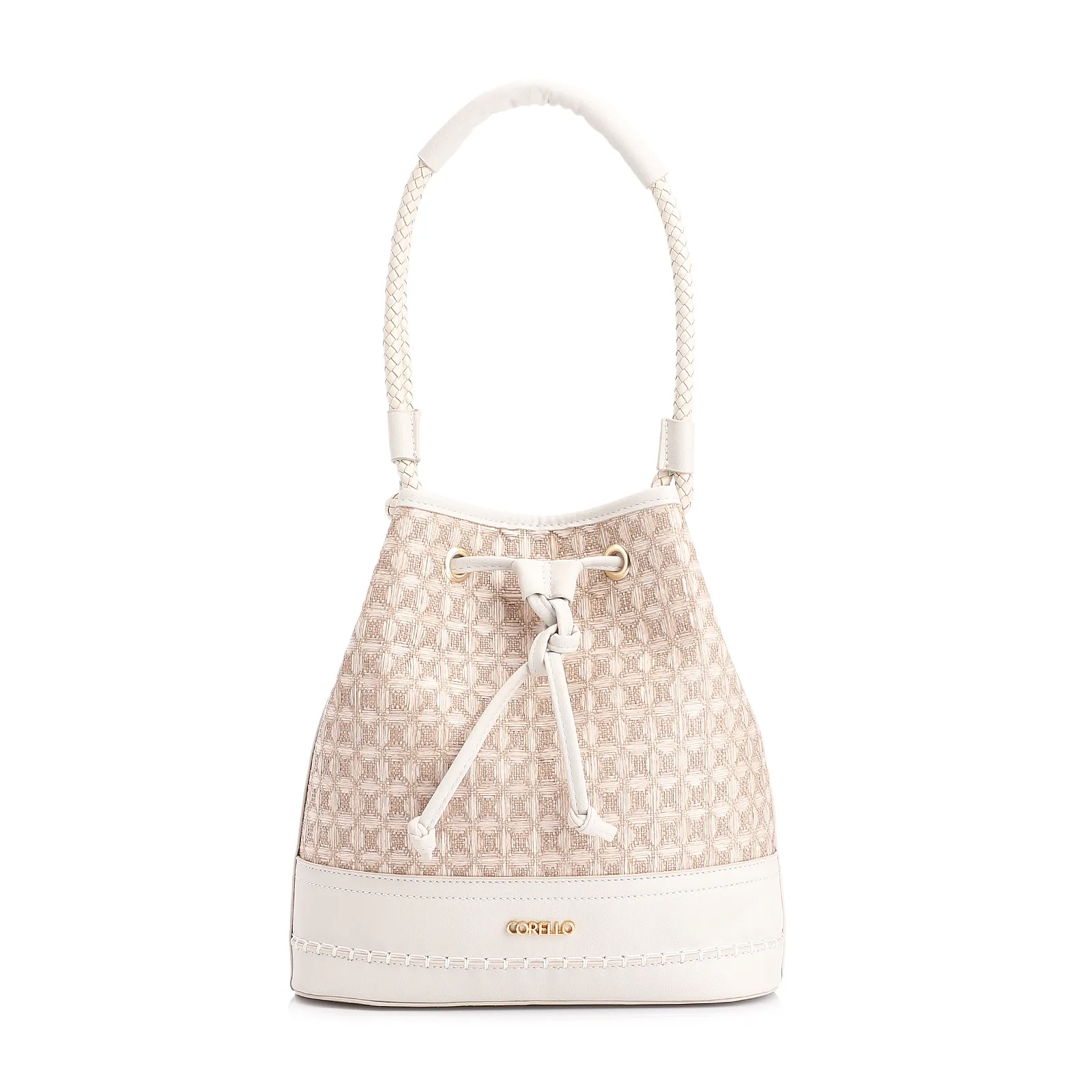 Bolsa De Ombro Bucket Ráfia Mosaico Bege