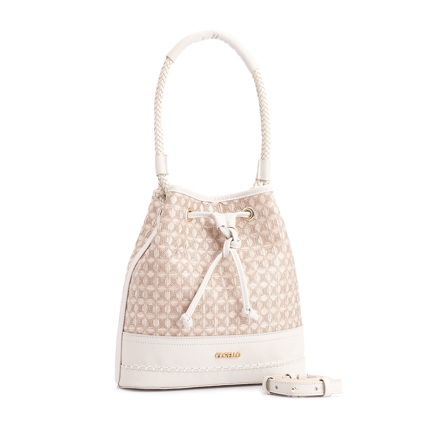 Bolsa De Ombro Bucket Ráfia Mosaico Bege