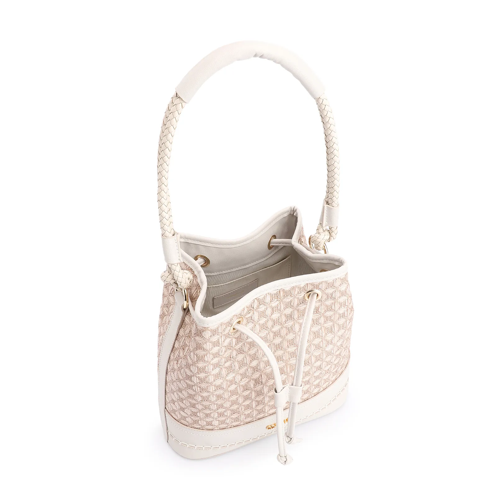 Bolsa De Ombro Bucket Ráfia Mosaico Bege