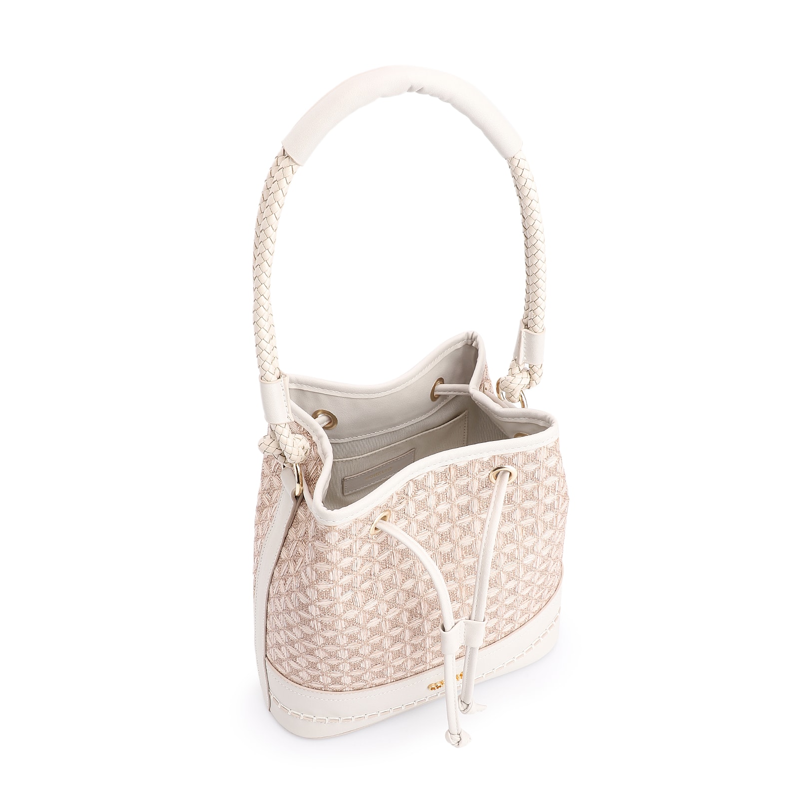 Bolsa De Ombro Bucket Ráfia Mosaico Bege