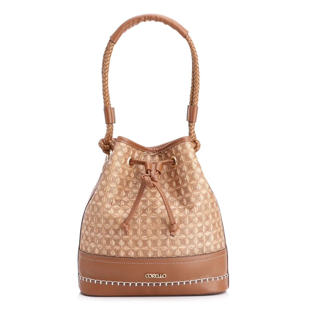 Bolsa De Ombro Bucket Ráfia Mosaico Marrom