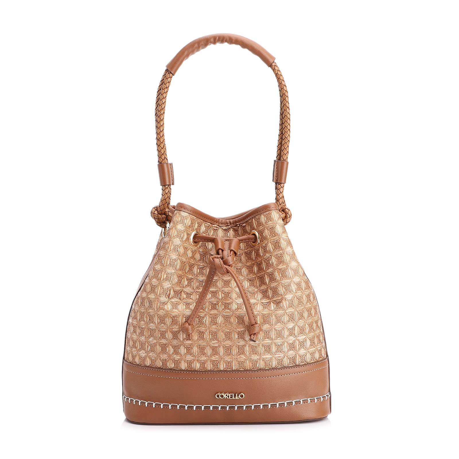 Bolsa De Ombro Bucket Ráfia Mosaico Marrom