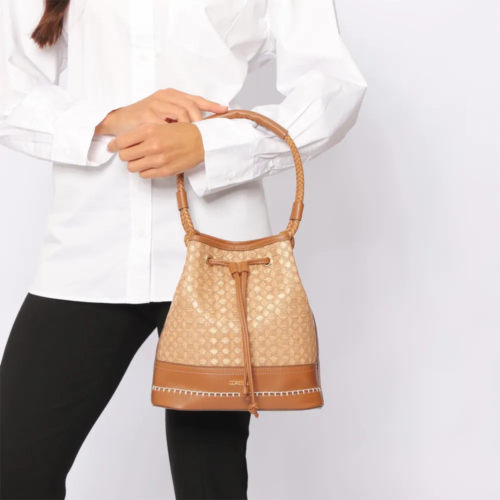 Bolsa De Ombro Bucket Ráfia Mosaico Marrom - imagem 2