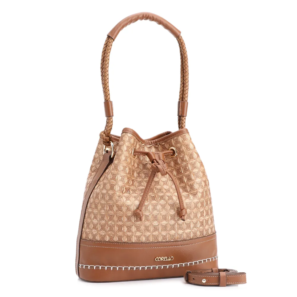 Bolsa De Ombro Bucket Ráfia Mosaico Marrom - imagem 3