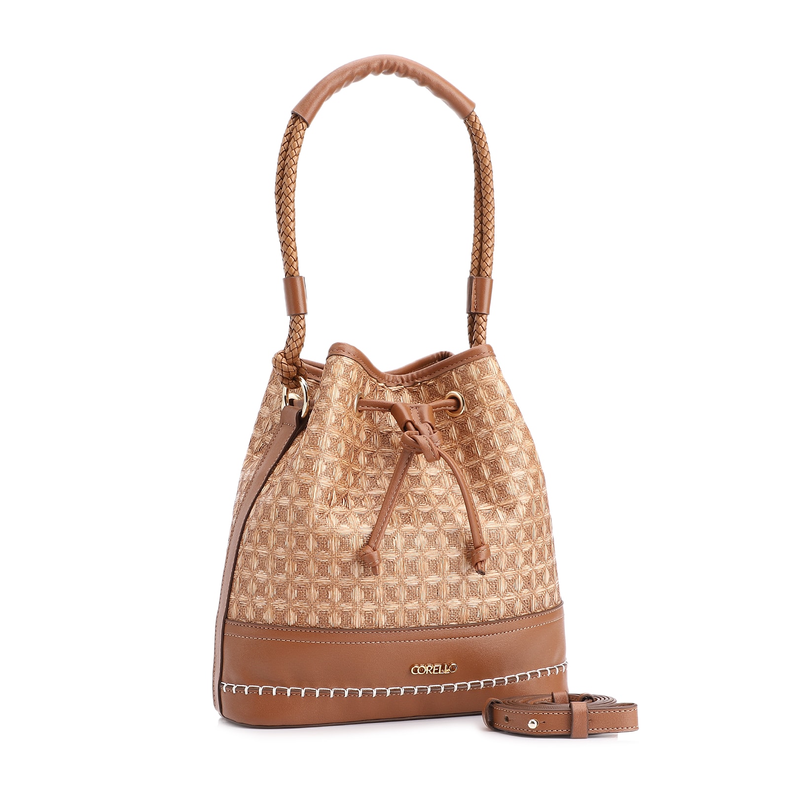 Bolsa De Ombro Bucket Ráfia Mosaico Marrom