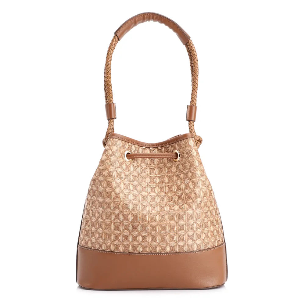 Bolsa De Ombro Bucket Ráfia Mosaico Marrom - imagem 4