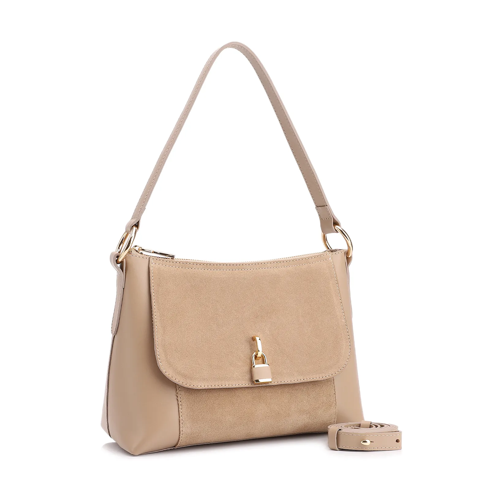 Bolsa De Ombro Cadeado Couro Camurça/Couro Bege
