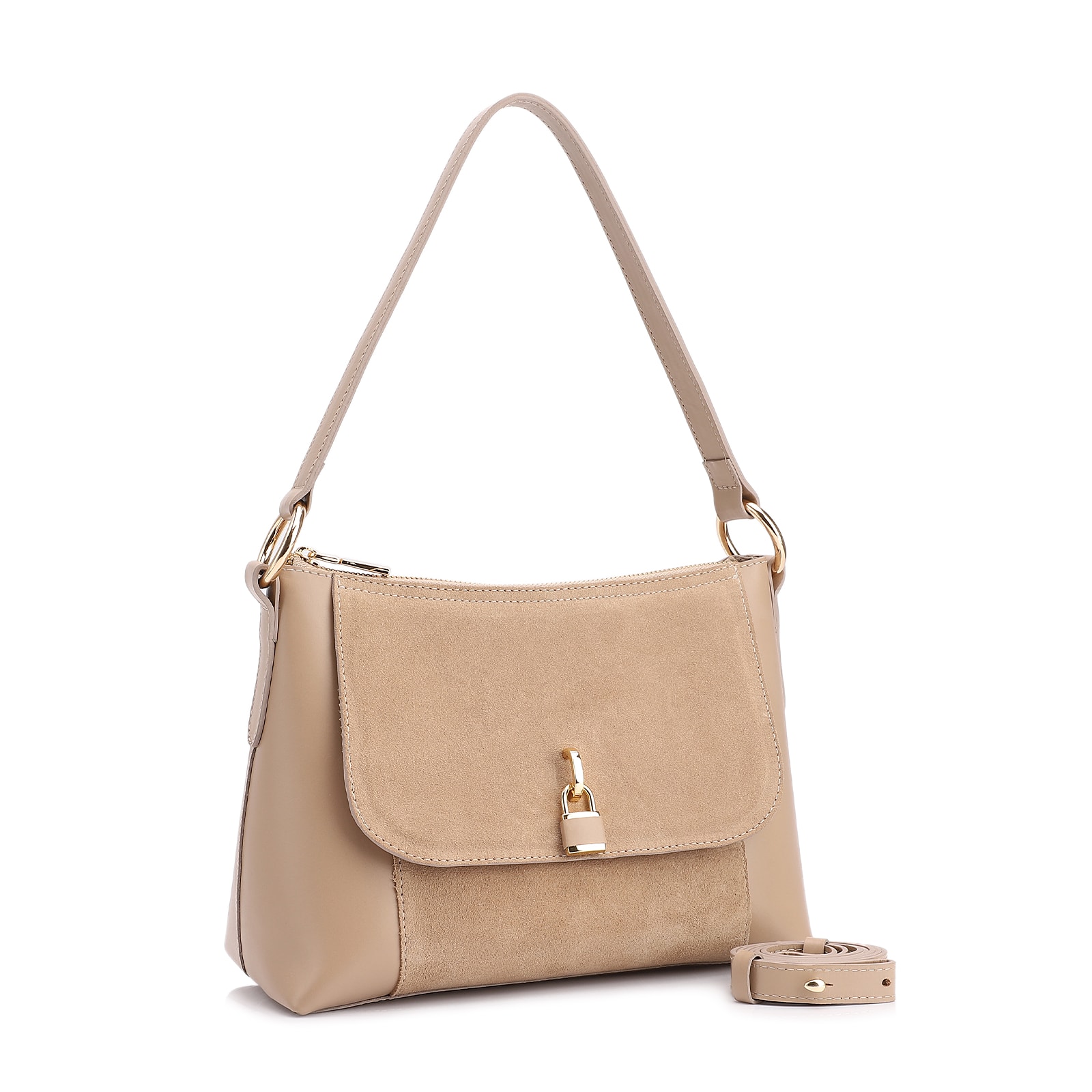 Bolsa De Ombro Cadeado Couro Camurça/Couro Bege