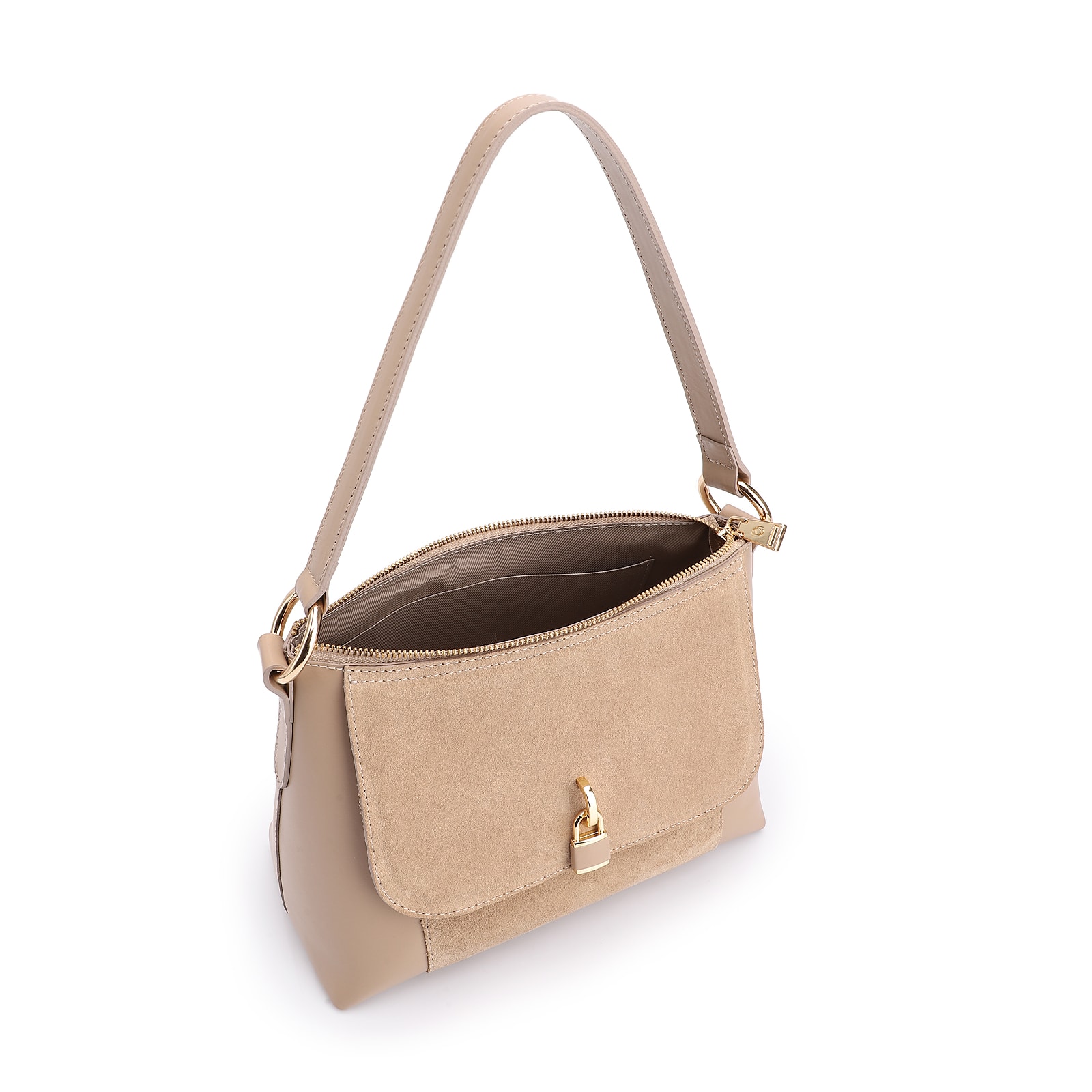 Bolsa De Ombro Cadeado Couro Camurça/Couro Bege