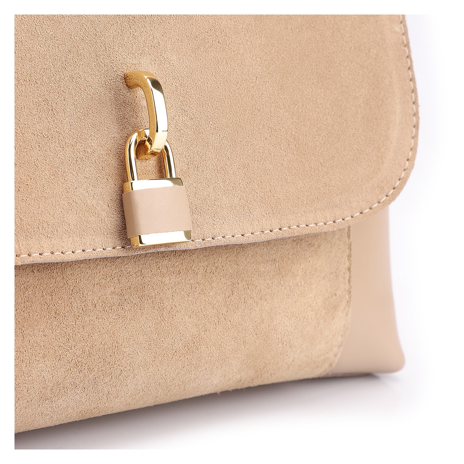 Bolsa De Ombro Cadeado Couro Camurça/Couro Bege