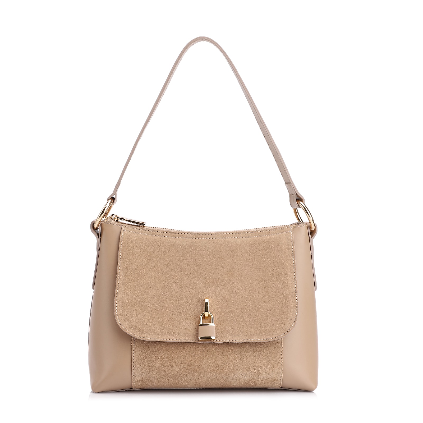 Bolsa De Ombro Cadeado Couro Camurça/Couro Bege