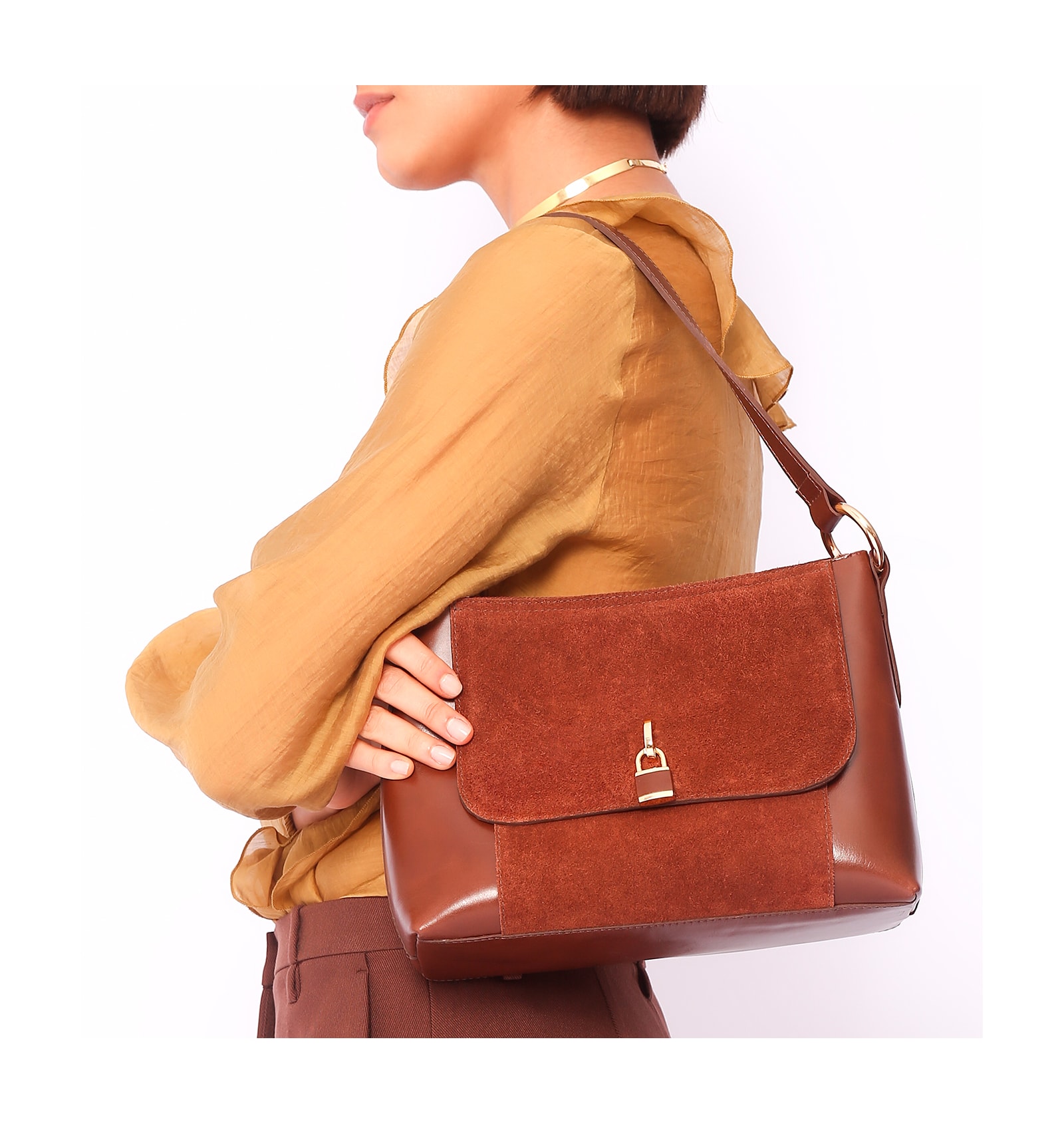 Bolsa De Ombro Cadeado Couro Camurça/Couro Marrom Escuro