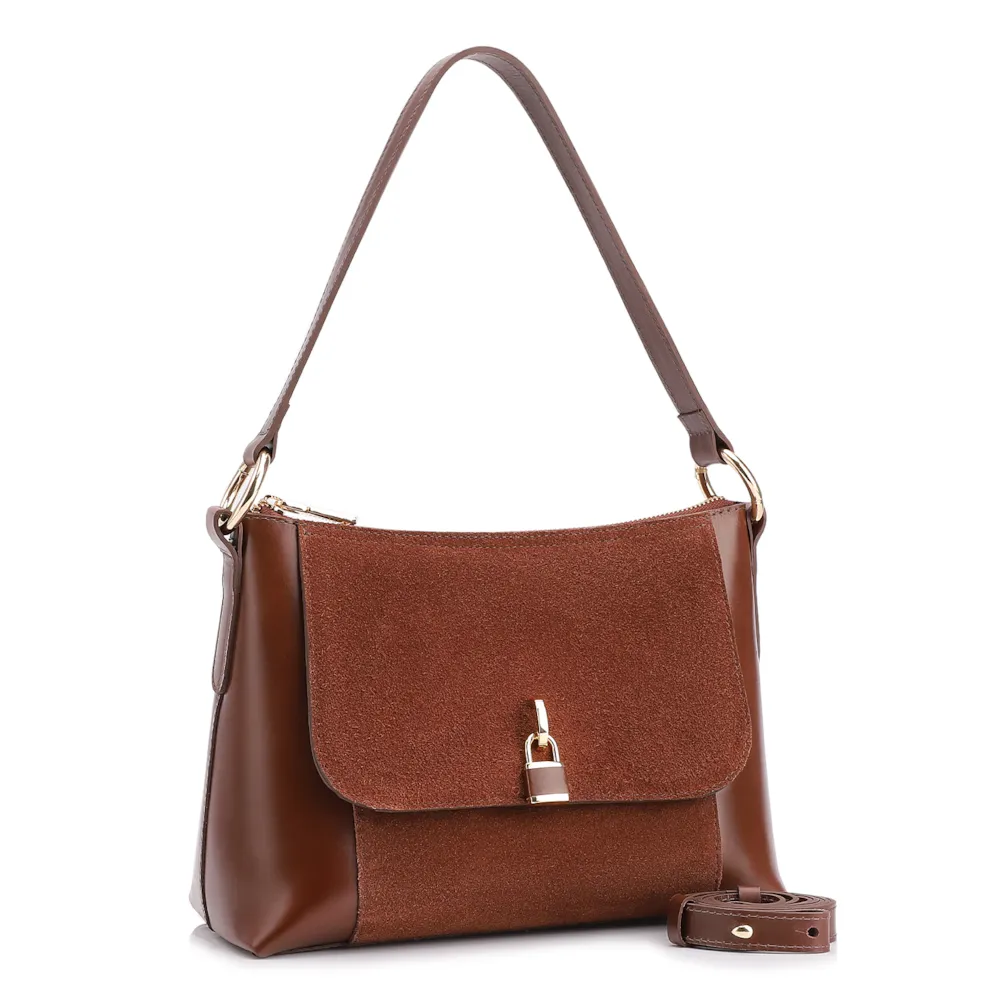 Bolsa De Ombro Cadeado Couro Camurça/Couro Marrom Escuro - imagem 3
