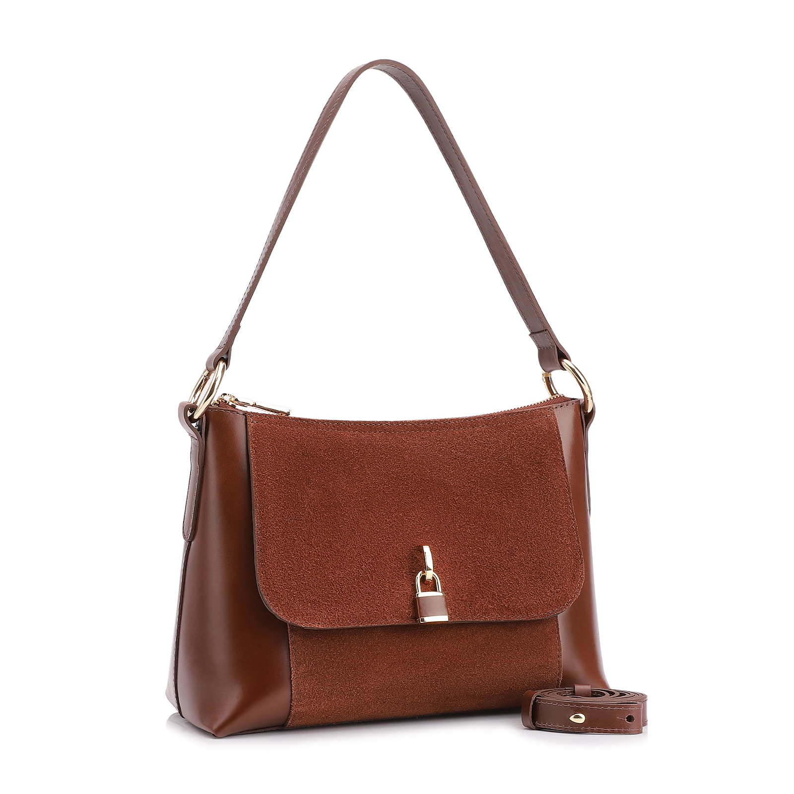 Bolsa De Ombro Cadeado Couro Camurça/Couro Marrom Escuro