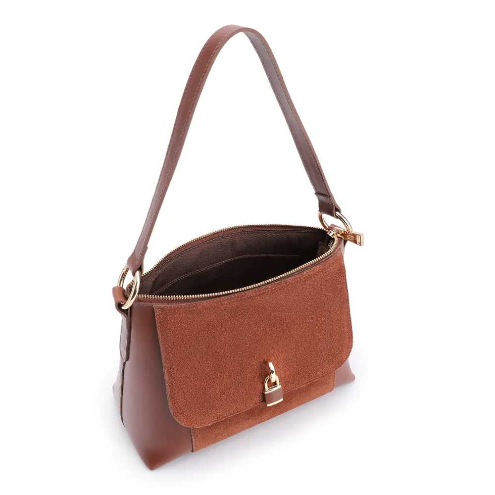 Bolsa De Ombro Cadeado Couro Camurça/Couro Marrom Escuro - imagem 5