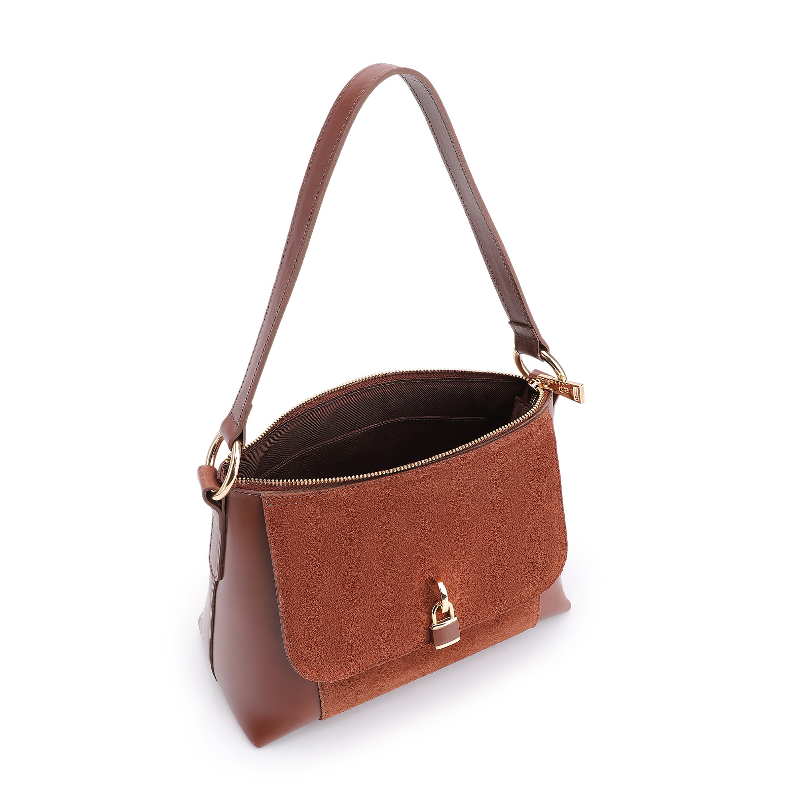 Bolsa De Ombro Cadeado Couro Camurça/Couro Marrom Escuro