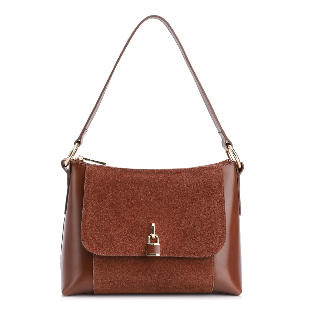 Bolsa De Ombro Cadeado Couro Camurça/Couro Marrom Escuro
