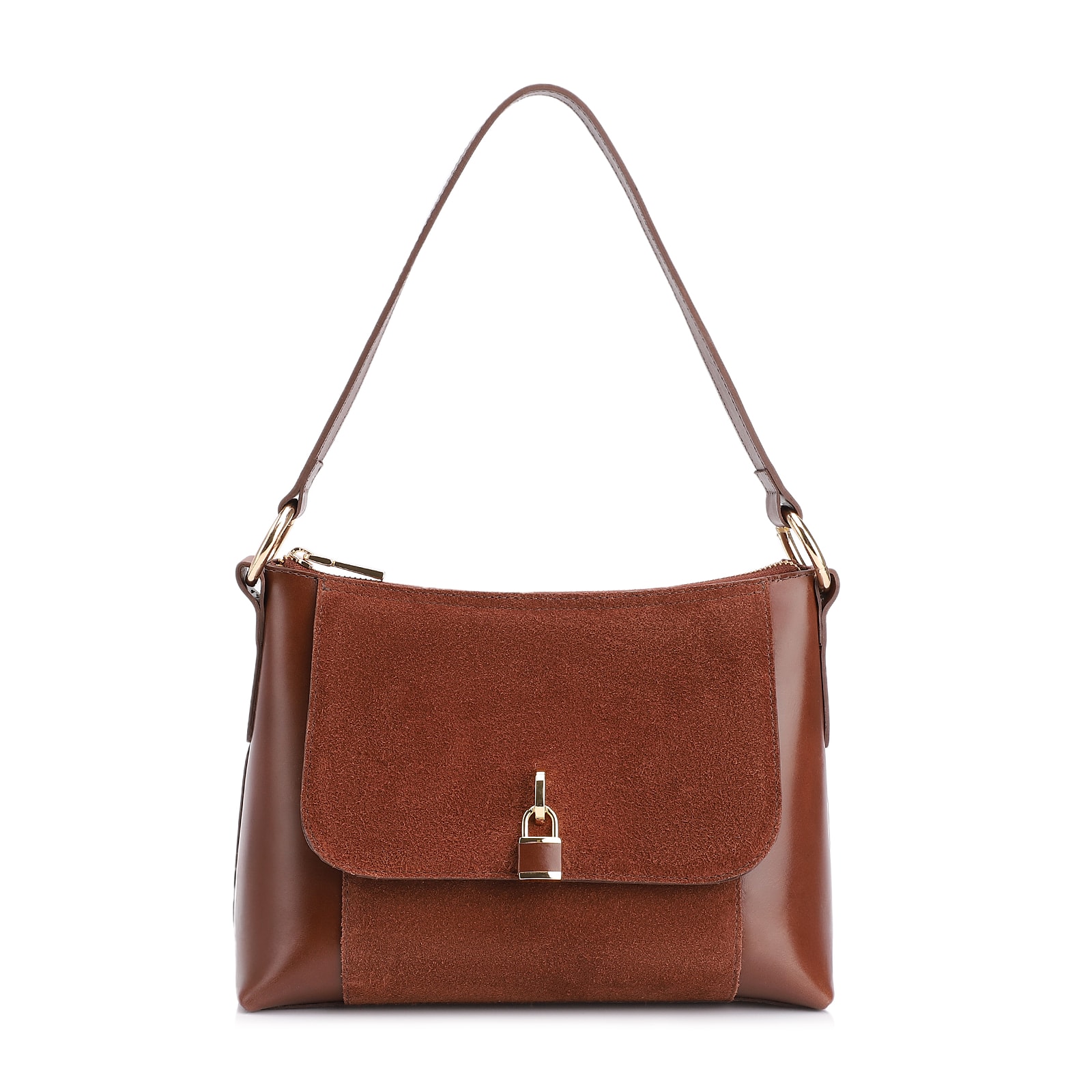 Bolsa De Ombro Cadeado Couro Camurça/Couro Marrom Escuro