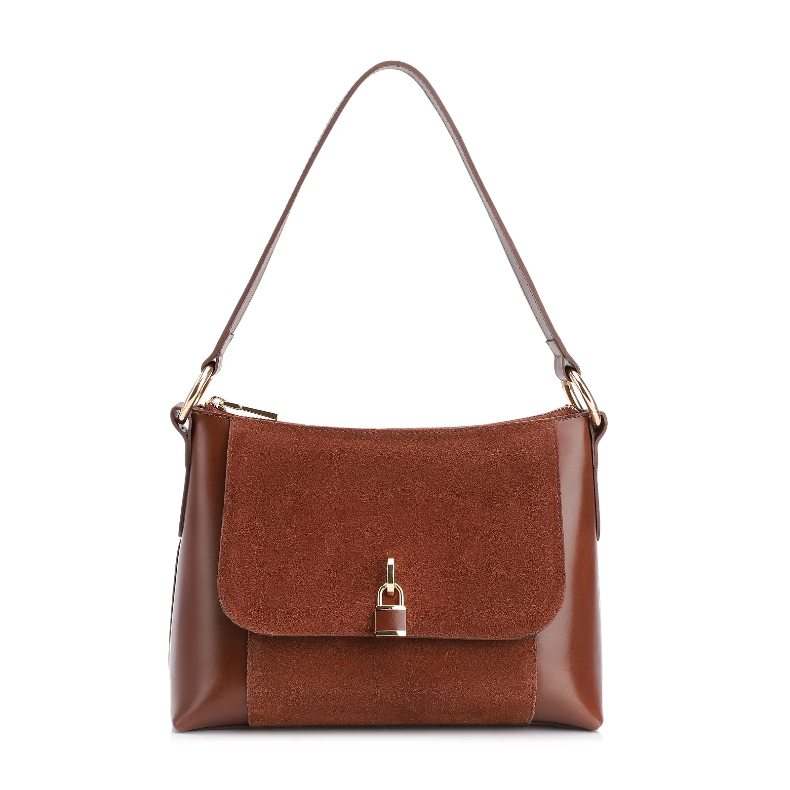 Bolsa De Ombro Cadeado Couro Camurça/Couro Marrom Escuro