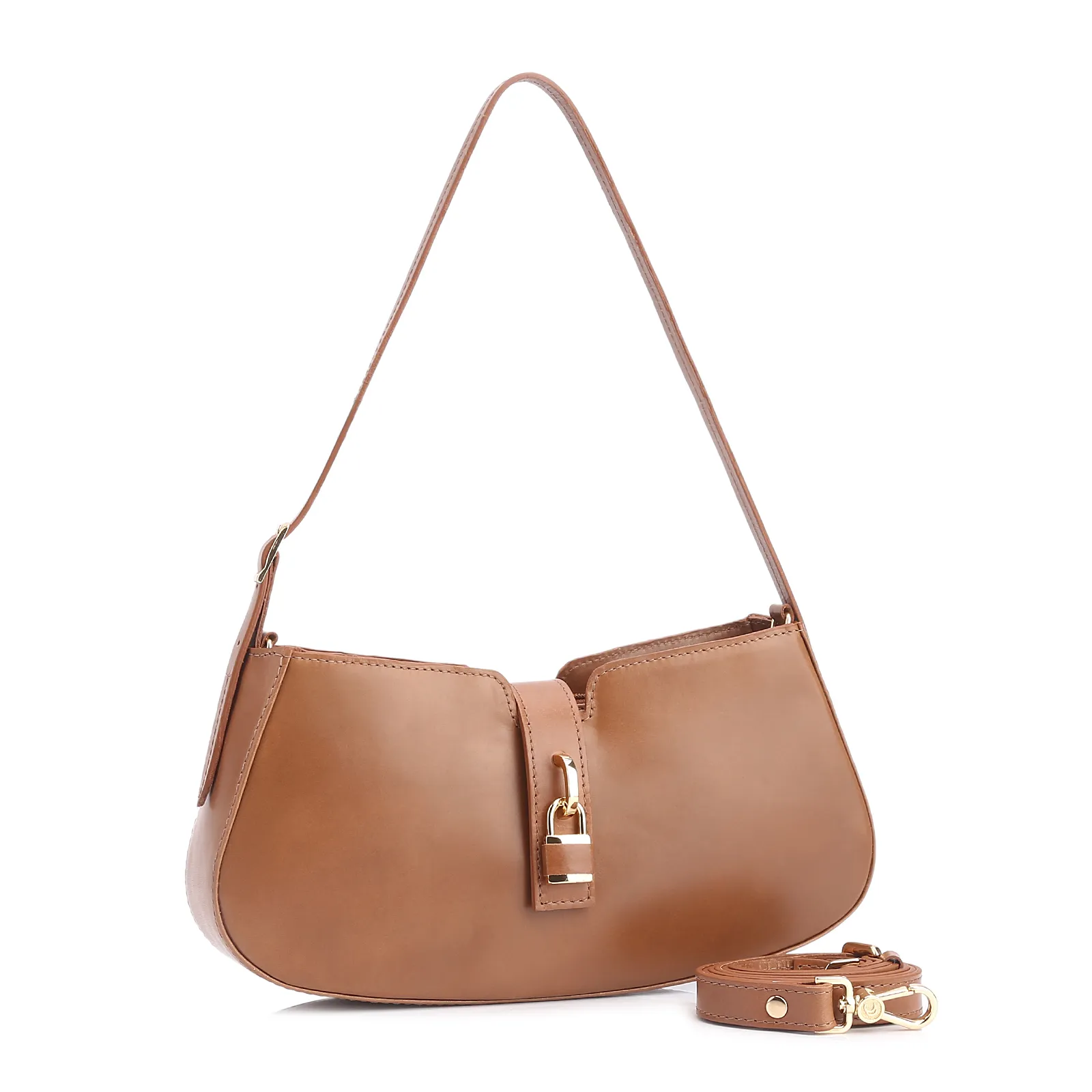 Bolsa De Ombro Cadeado Couro Marrom Claro