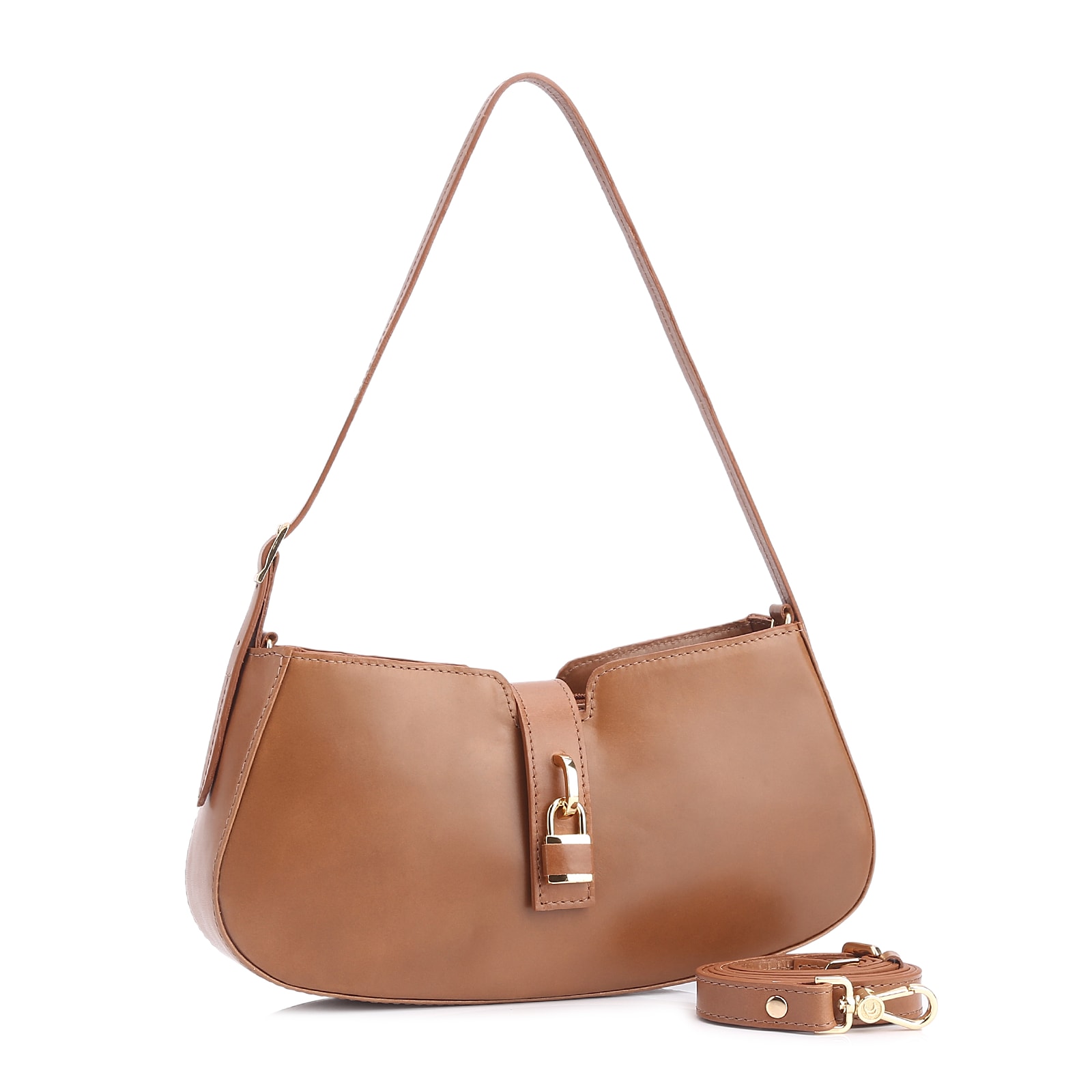 Bolsa De Ombro Cadeado Couro Marrom Claro