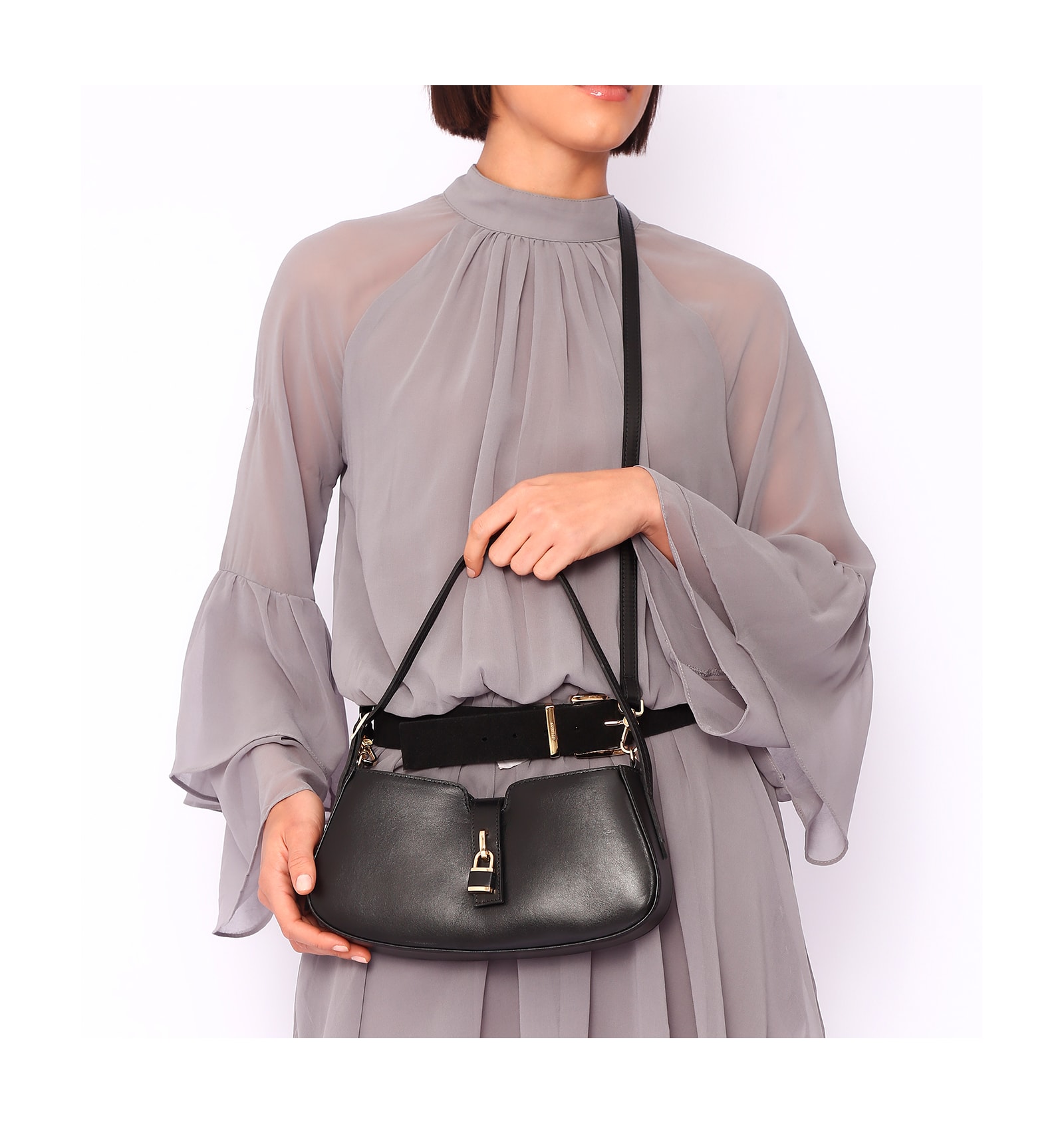 Bolsa De Ombro Cadeado Couro Preto