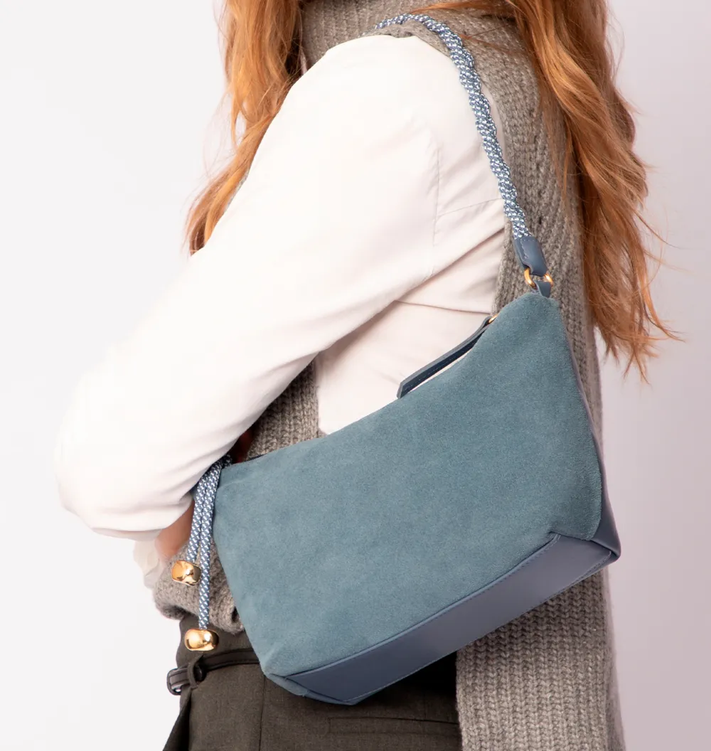 Bolsa De Ombro Cordão Couro Camurça/Couro Azul - imagem 2