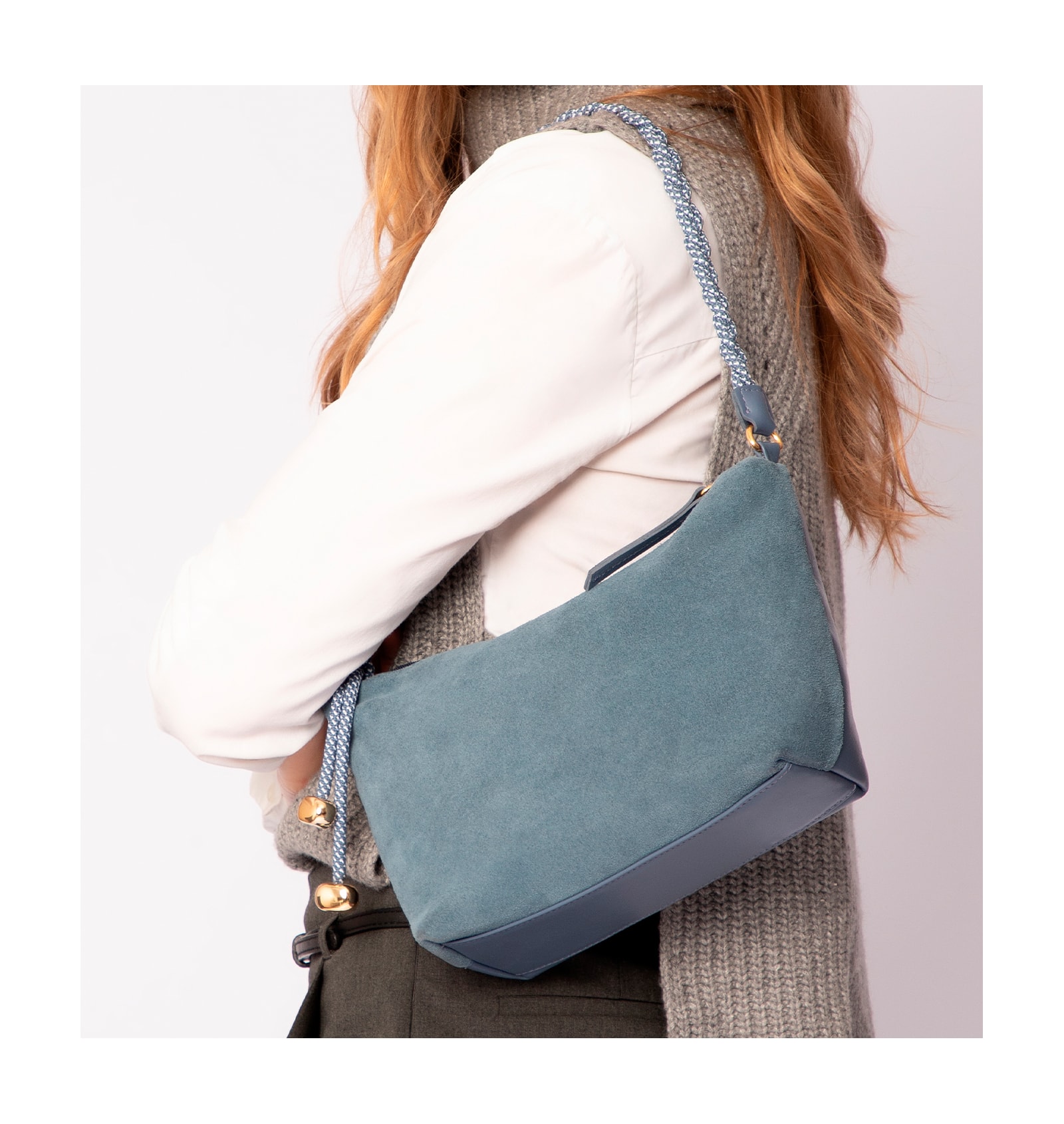 Bolsa De Ombro Cordão Couro Camurça/Couro Azul