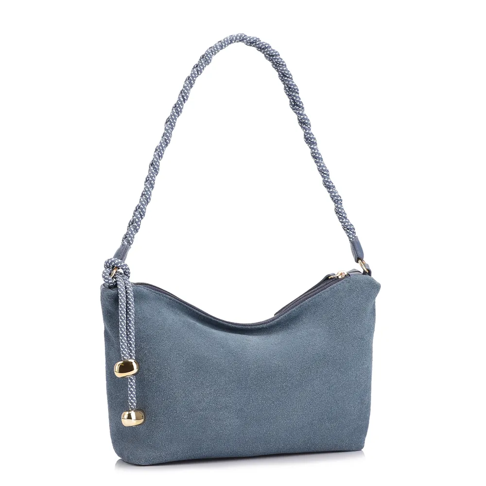 Bolsa De Ombro Cordão Couro Camurça/Couro Azul - imagem 3