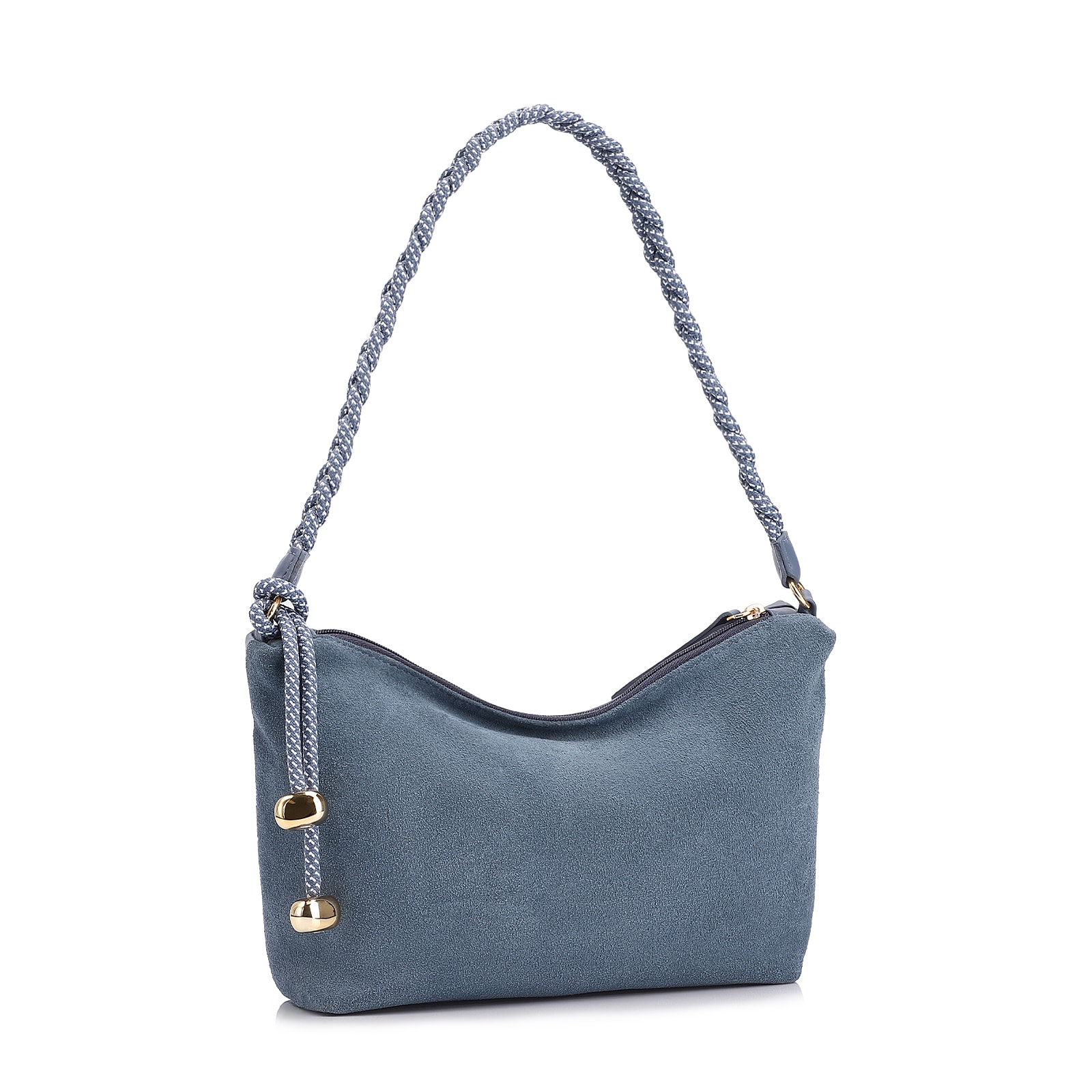 Bolsa De Ombro Cordão Couro Camurça/Couro Azul