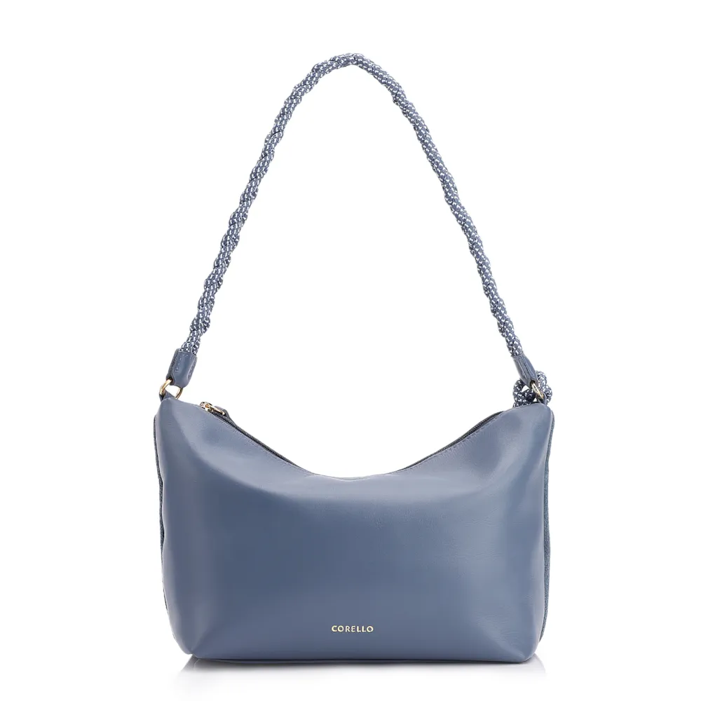 Bolsa De Ombro Cordão Couro Camurça/Couro Azul - imagem 4