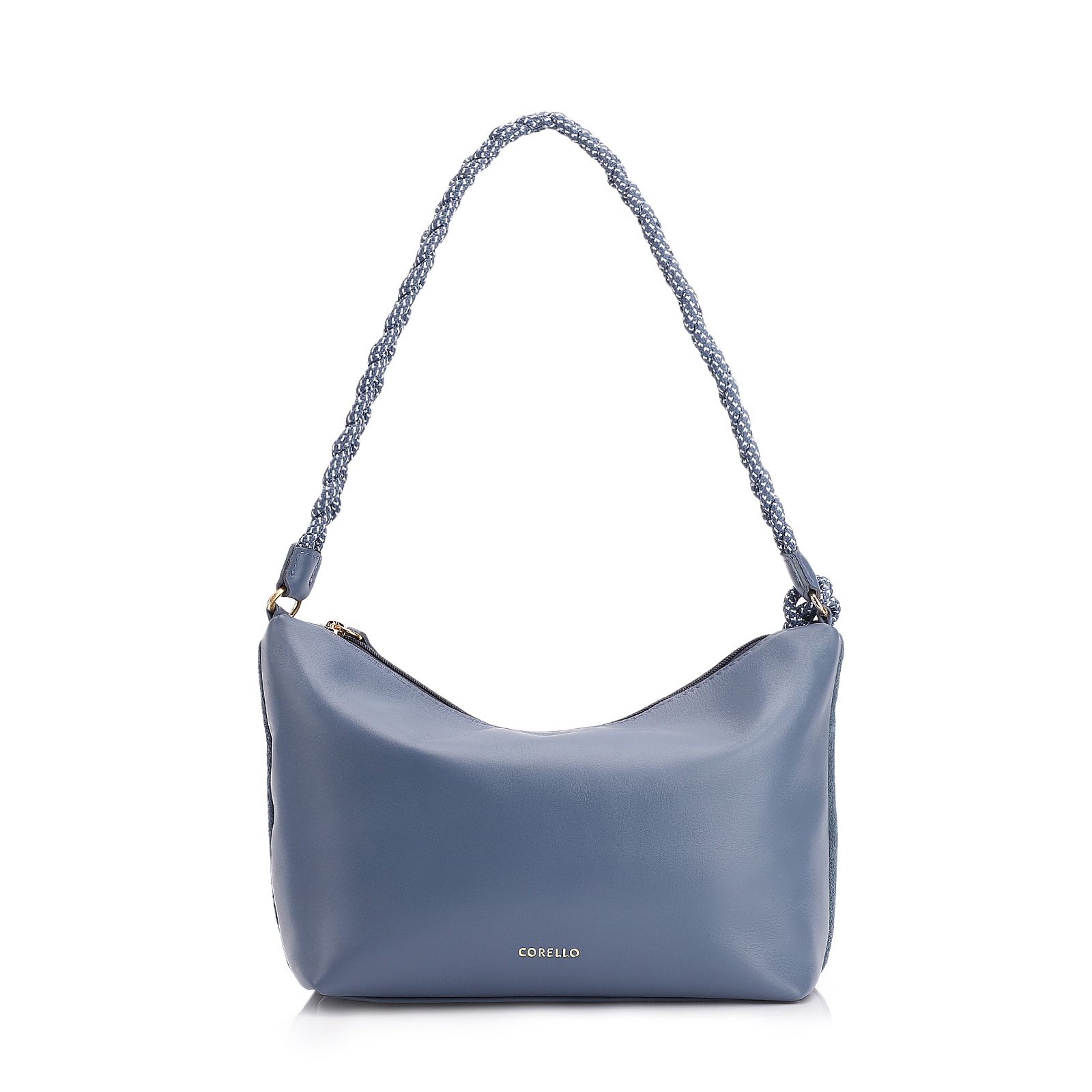 Bolsa De Ombro Cordão Couro Camurça/Couro Azul