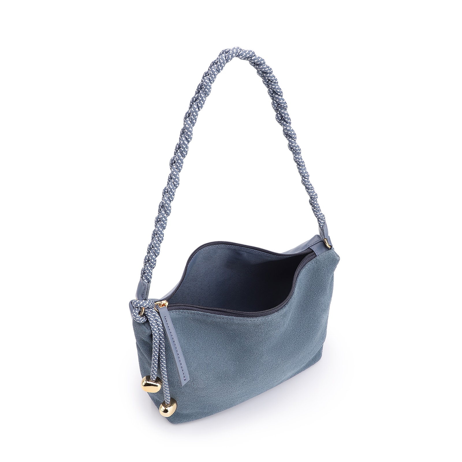 Bolsa De Ombro Cordão Couro Camurça/Couro Azul