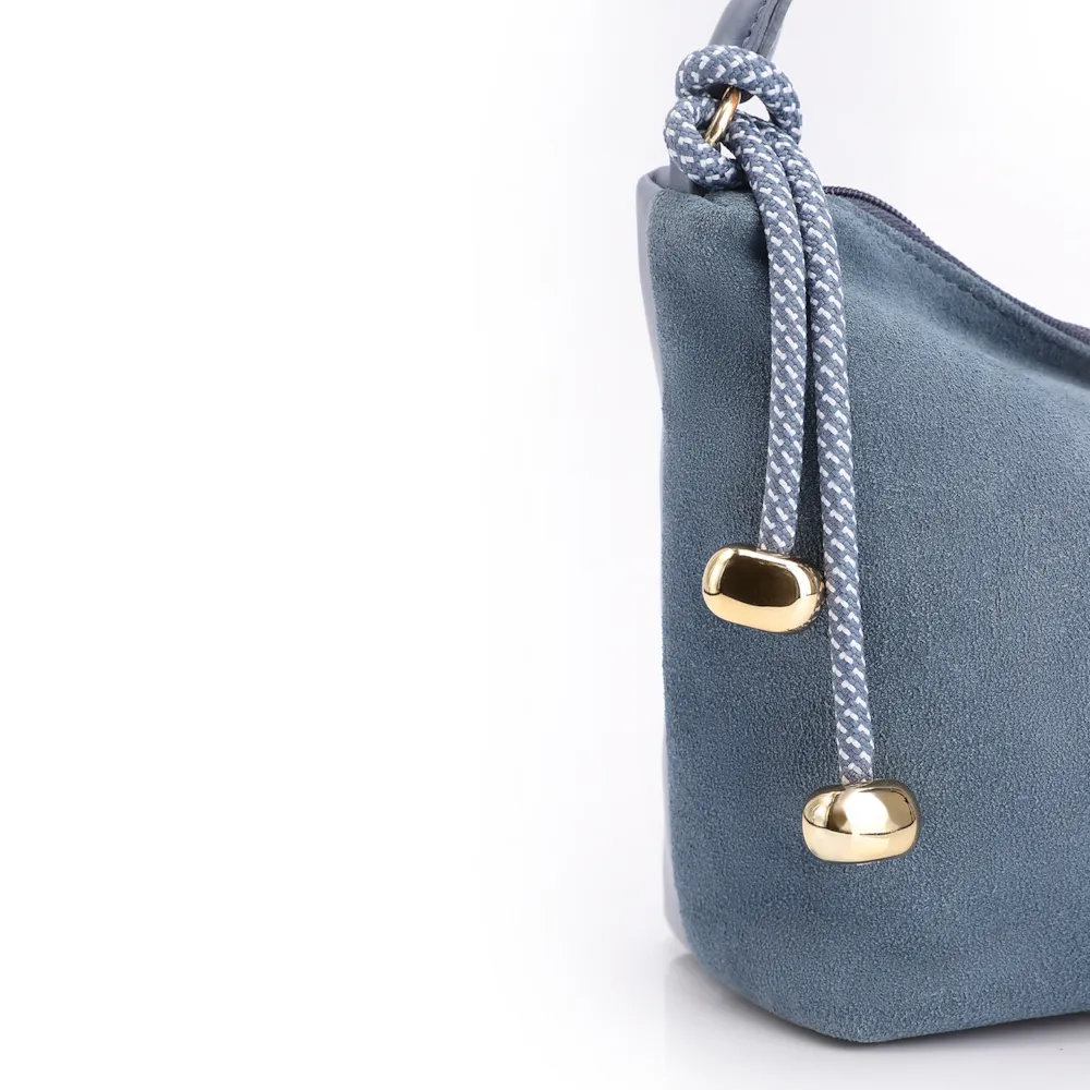 Bolsa De Ombro Cordão Couro Camurça/Couro Azul - imagem 6