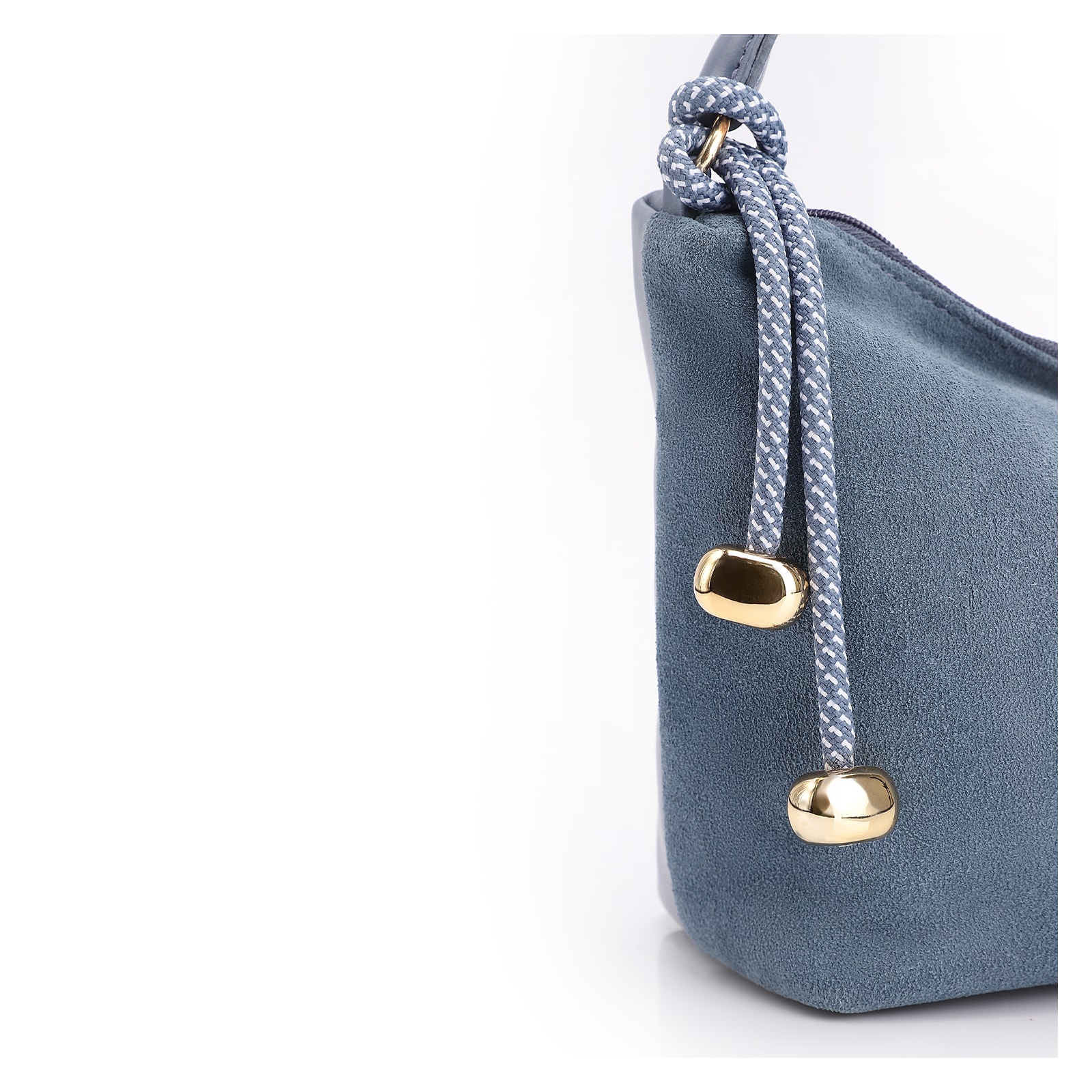 Bolsa De Ombro Cordão Couro Camurça/Couro Azul