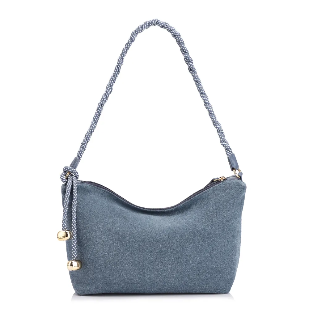 Bolsa De Ombro Cordão Couro Camurça/Couro Azul