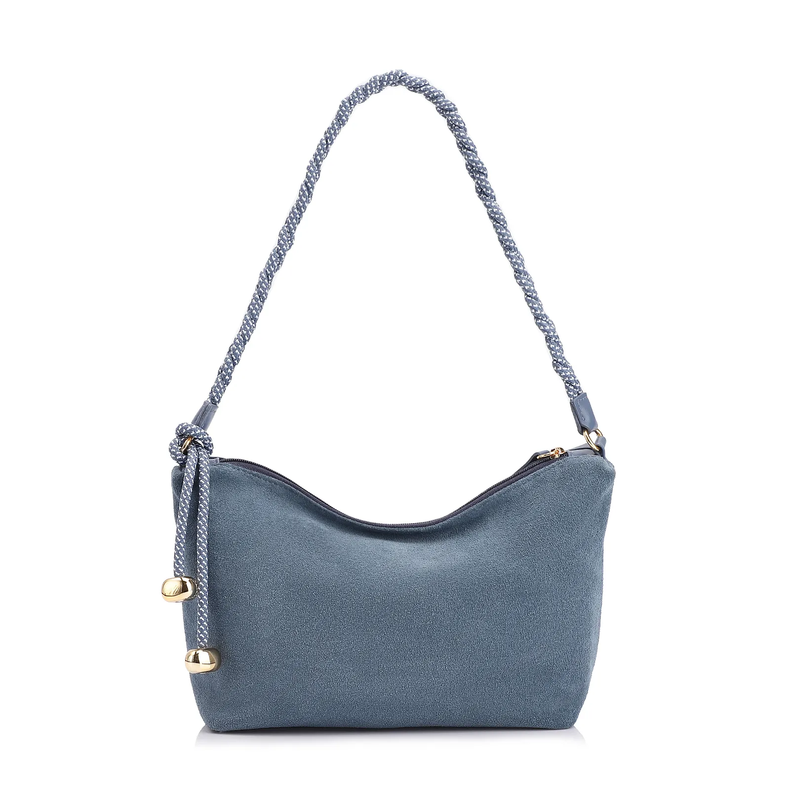 Bolsa De Ombro Cordão Couro Camurça/Couro Azul