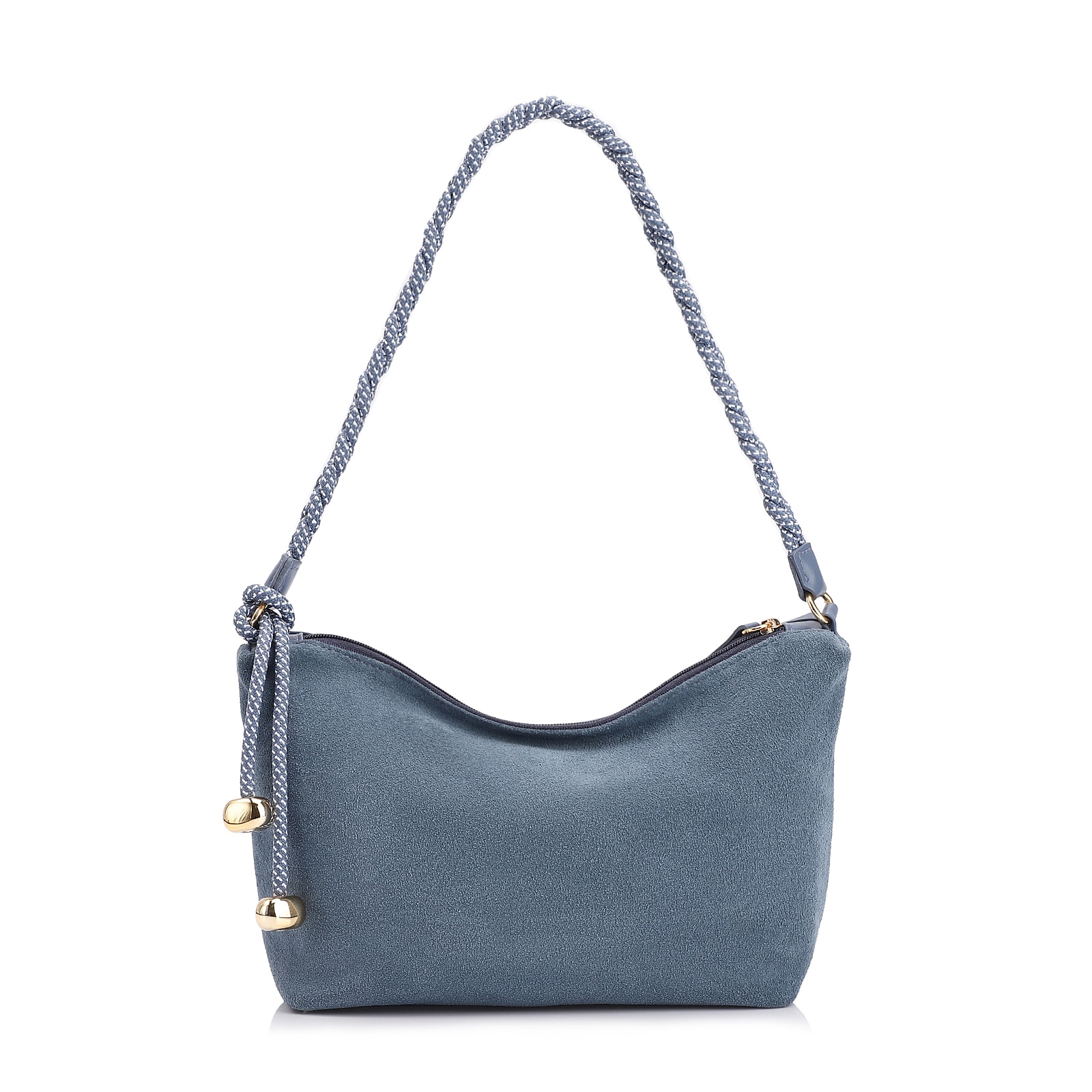 Bolsa De Ombro Cordão Couro Camurça/Couro Azul