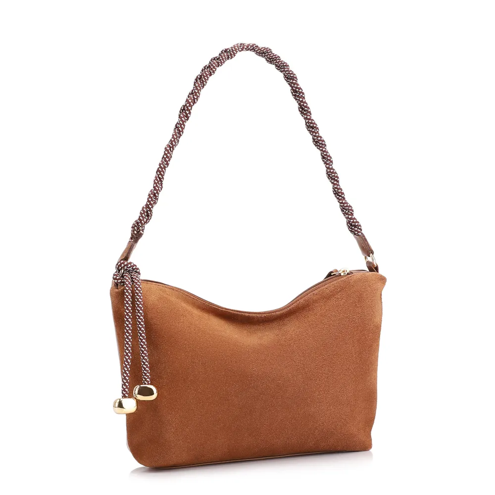 Bolsa De Ombro Cordão Couro Camurça/Couro Marrom - imagem 3