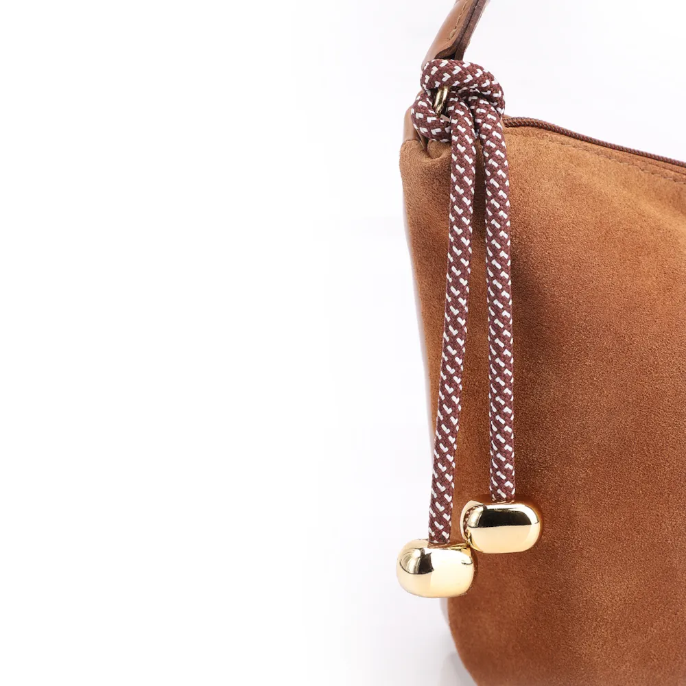 Bolsa De Ombro Cordão Couro Camurça/Couro Marrom - imagem 6