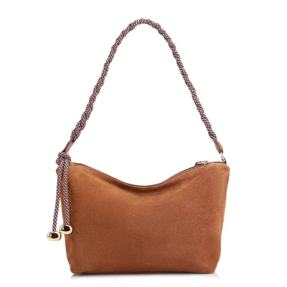 Bolsa De Ombro Cordão Couro Camurça/Couro Marrom