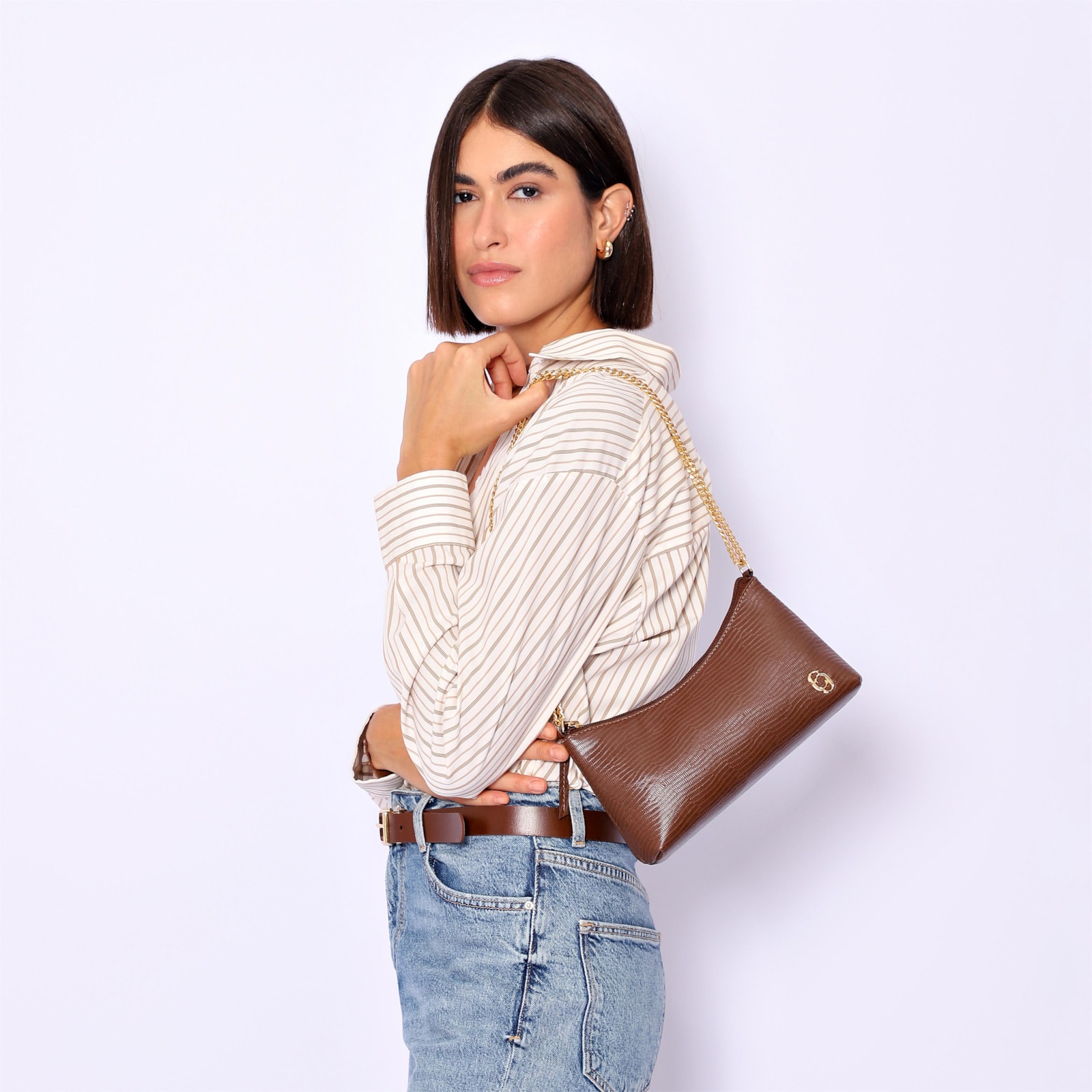 Bolsa De Ombro Correntes Couro Lezard Marrom