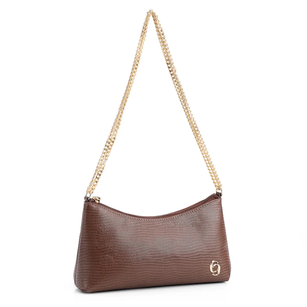 Bolsa De Ombro Correntes Couro Lezard Marrom - imagem 3
