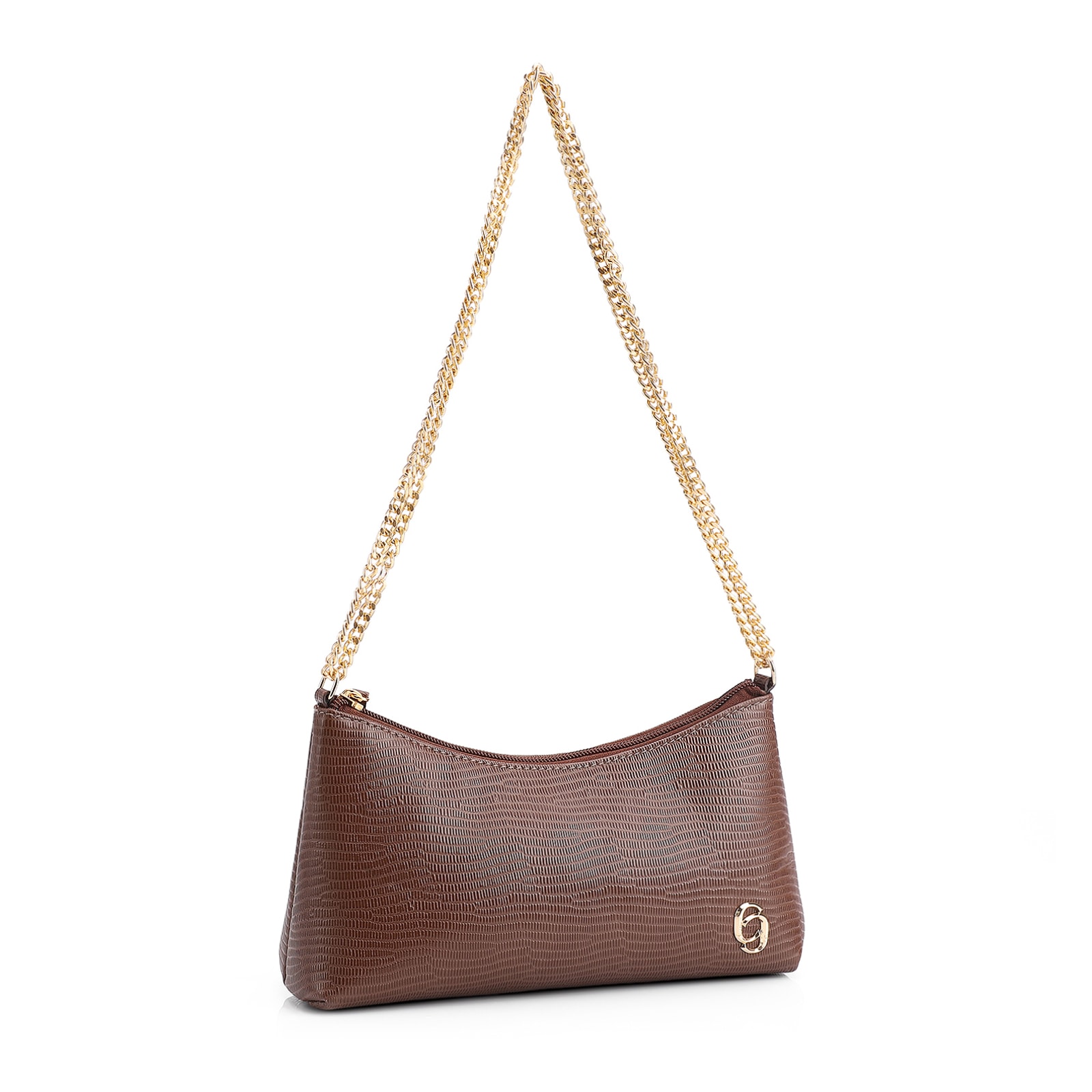 Bolsa De Ombro Correntes Couro Lezard Marrom