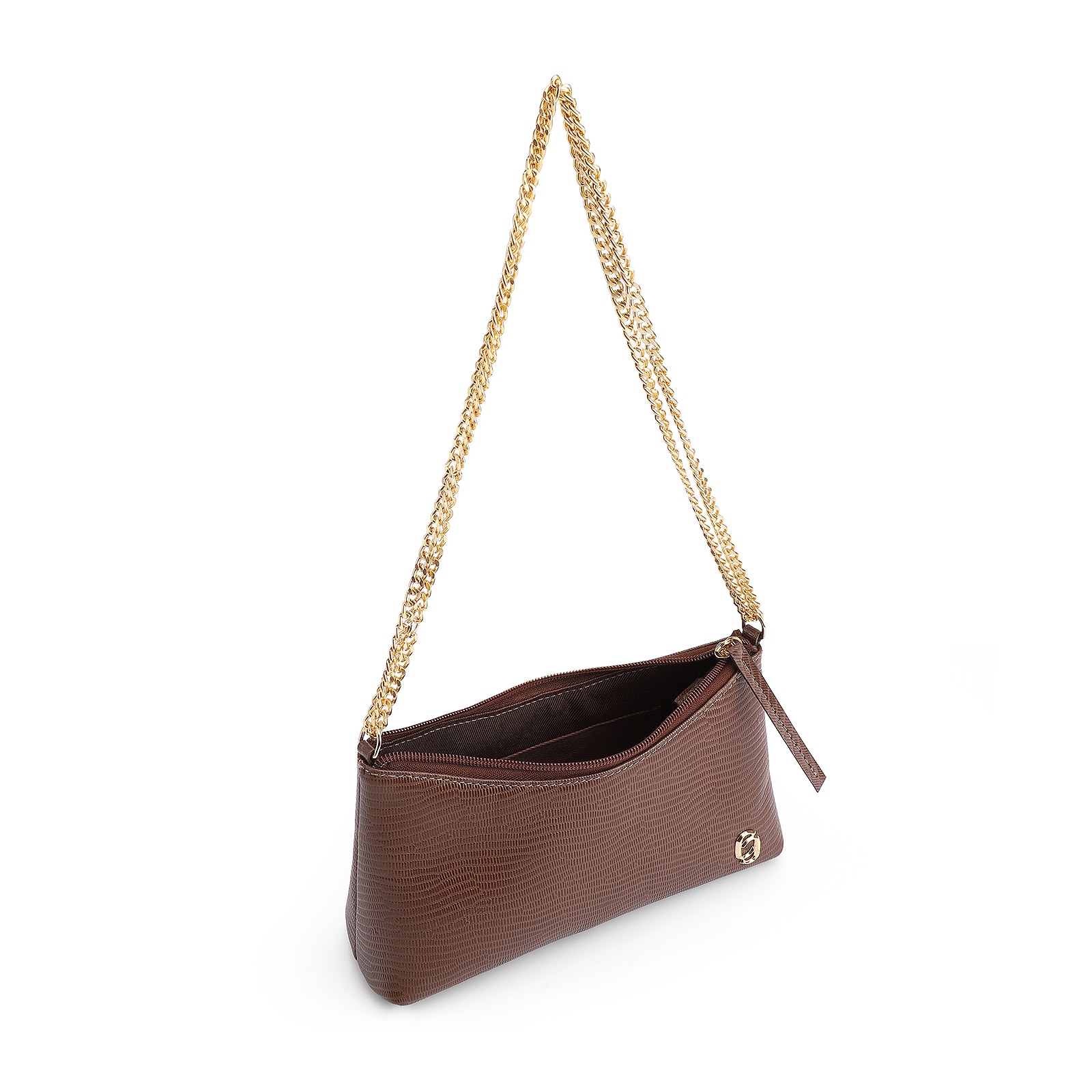 Bolsa De Ombro Correntes Couro Lezard Marrom