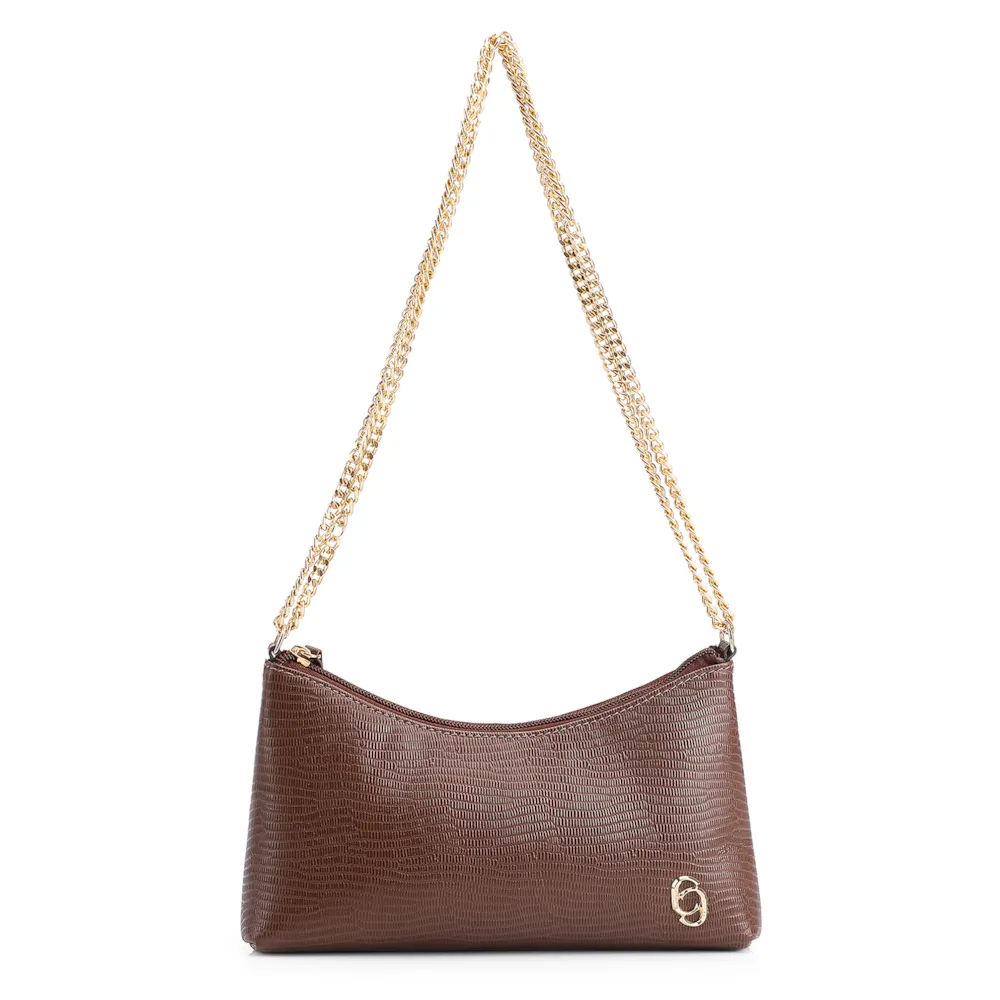 Bolsa De Ombro Correntes Couro Lezard Marrom