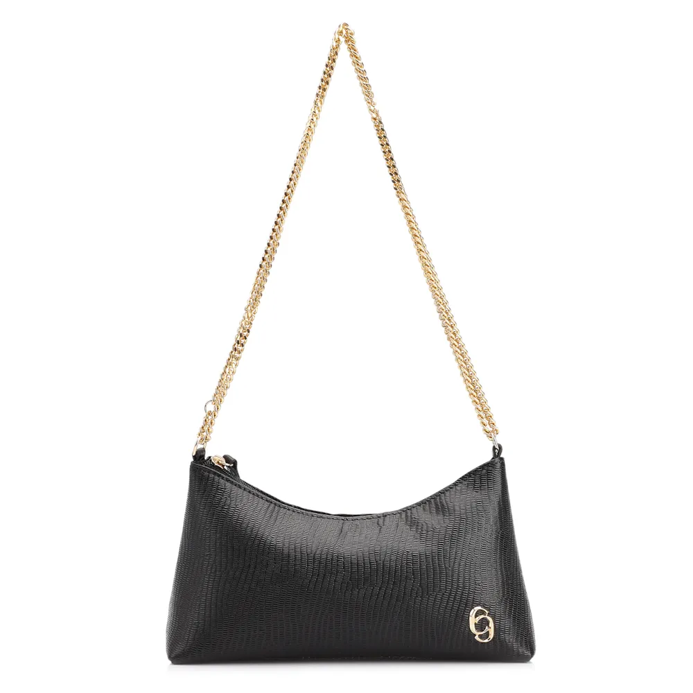 Bolsa De Ombro Correntes Couro Lezard Preto