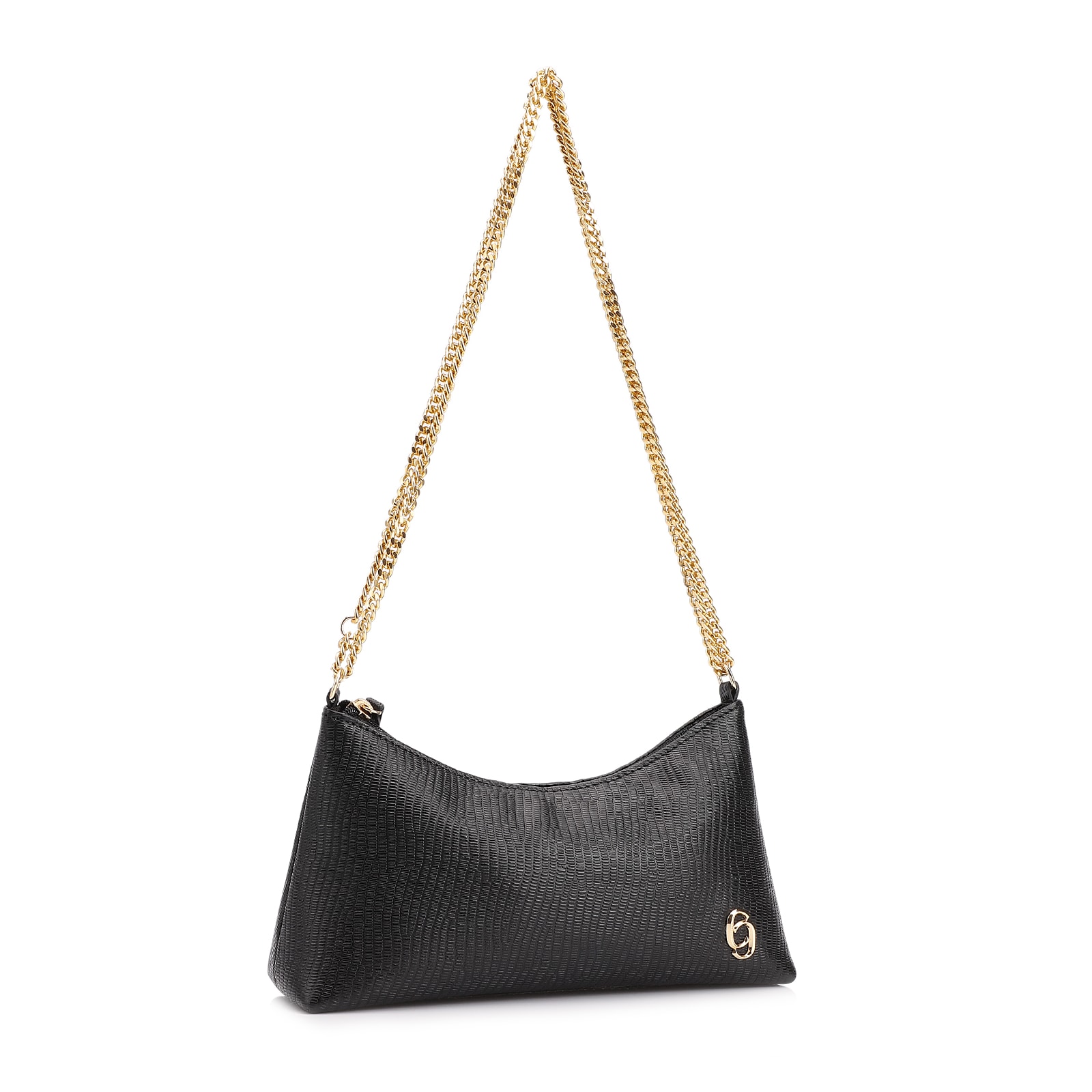 Bolsa De Ombro Correntes Couro Lezard Preto