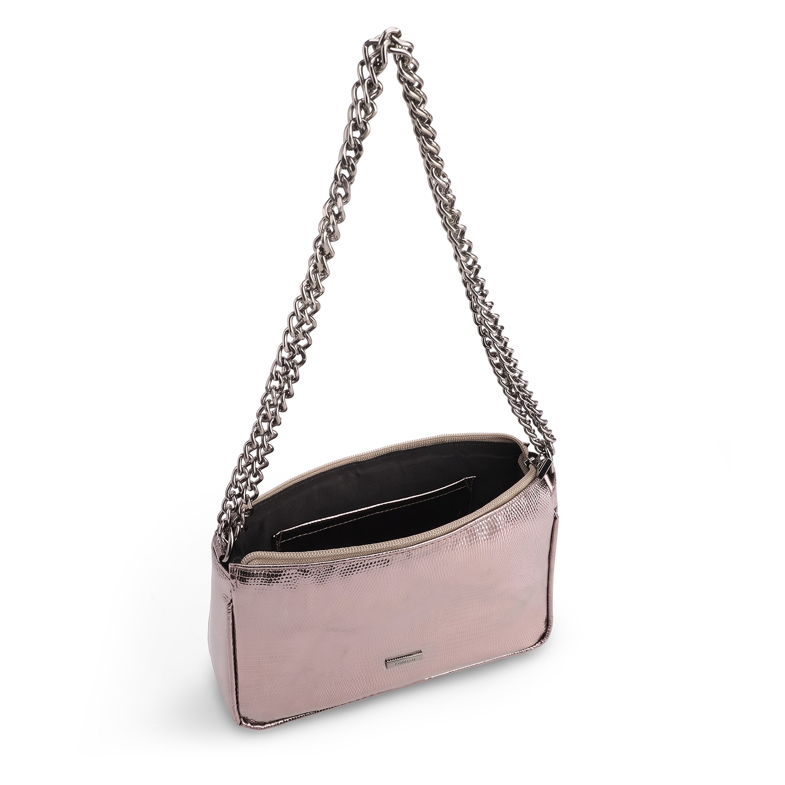 Bolsa De Ombro Correntes Pequena Alt Lezard Prata Correntes